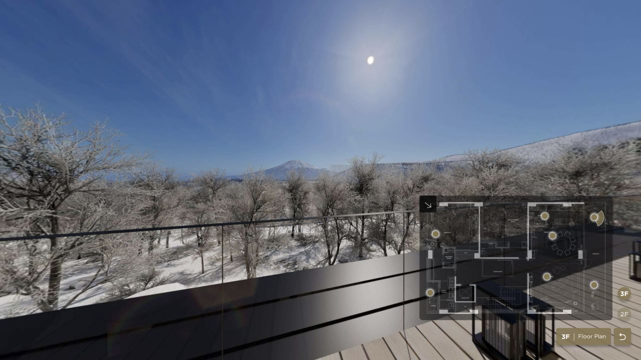 場景流程③：點位73位於露臺，可看到雪景。右下平面圖的目前位置，對應這個固定觀看點。
