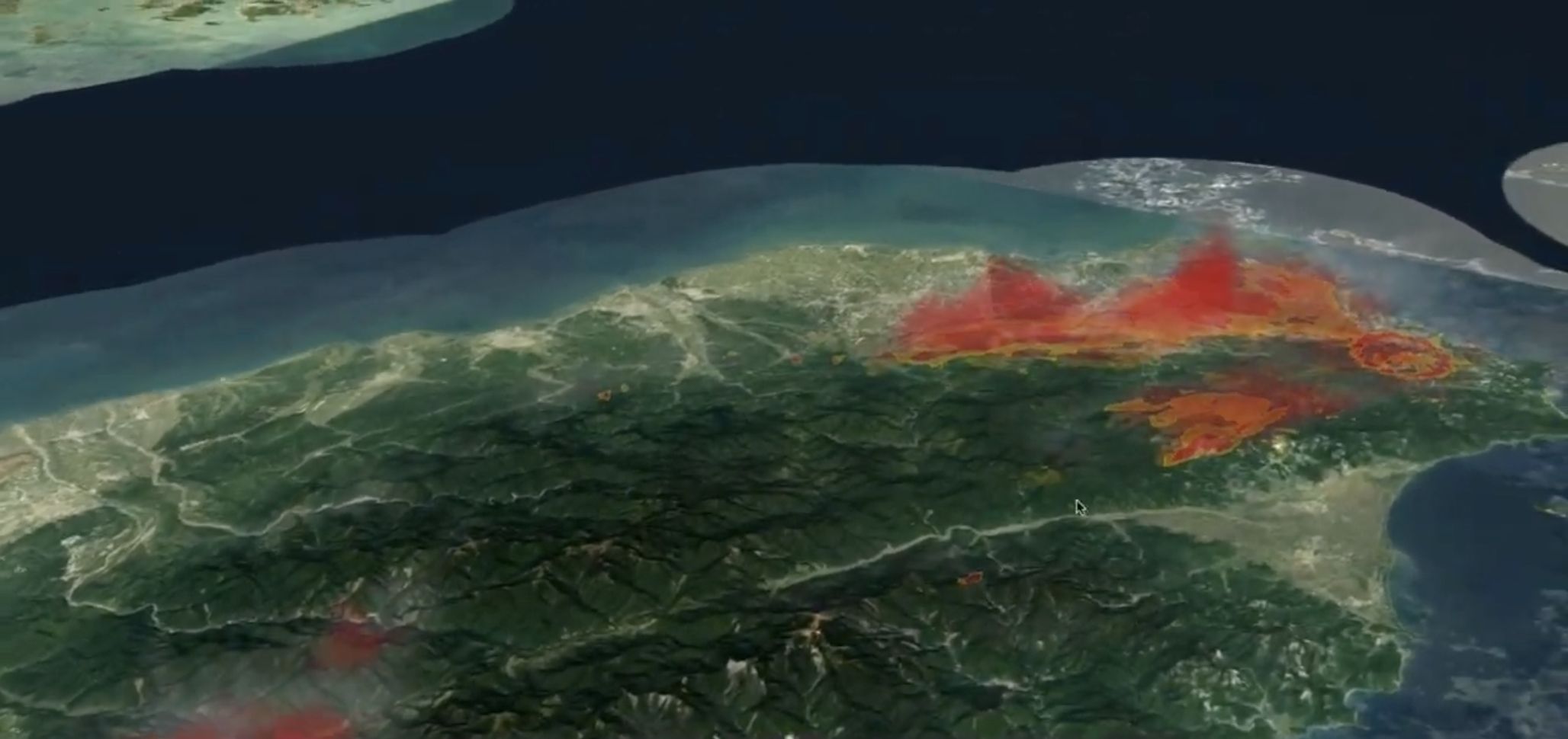 NCDR：地形上疊加立體雷達資料，讓氣象資訊對應地理位置；自製地形引擎與街道尺度依團隊補充。