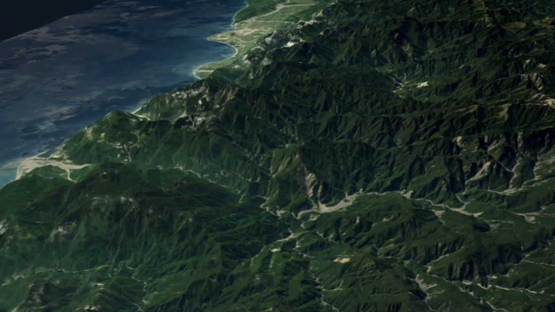 NCDR立體地形：山脈與地理環境構成資料顯示的空間背景；此圖不是街道層級的截圖。