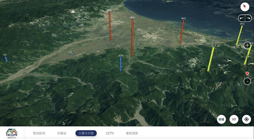 NCDR雨量資料：柱狀標記放在地理位置上，讓氣象資料與地點建立關聯。